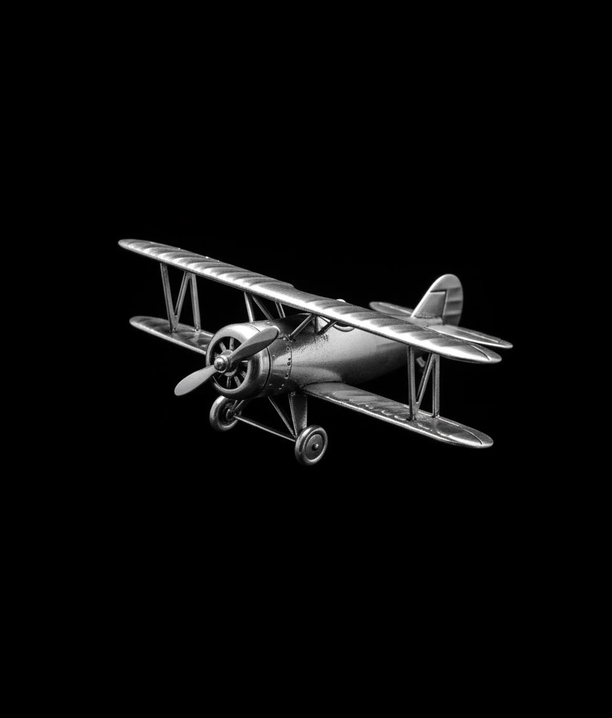 Inicio 3 alt="Avioneta biplano en miniatura de color plata, representando el diseño y el lanzamiento estratégico de proyectos web para tu marca digital."